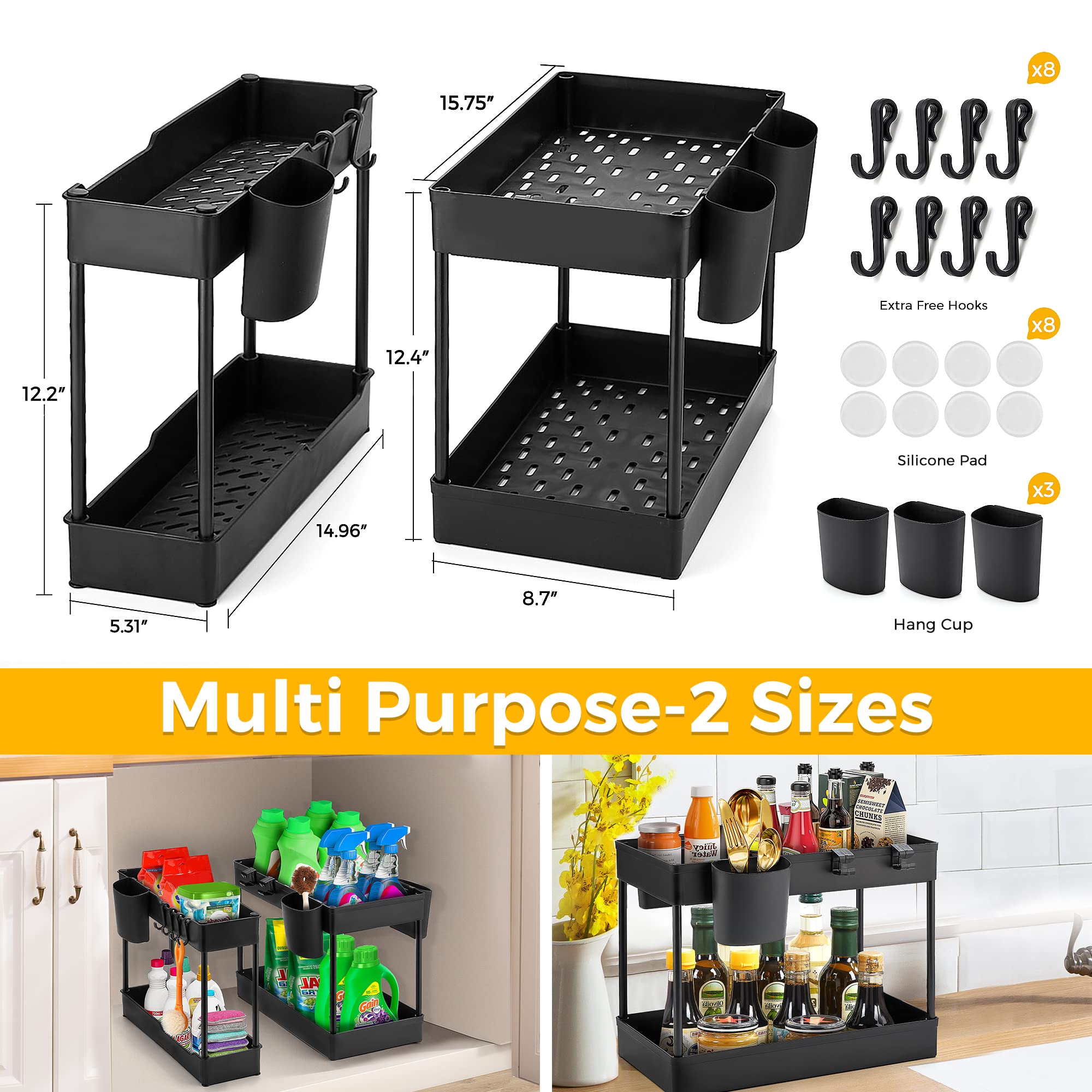 Organizador Bajo Fregadero 2 Niveles - Pack De 2 (1 Grande + 1 Mediano) Con 8 Ganchos - Negro, Para Cocina, Baño Y Almacenamiento
