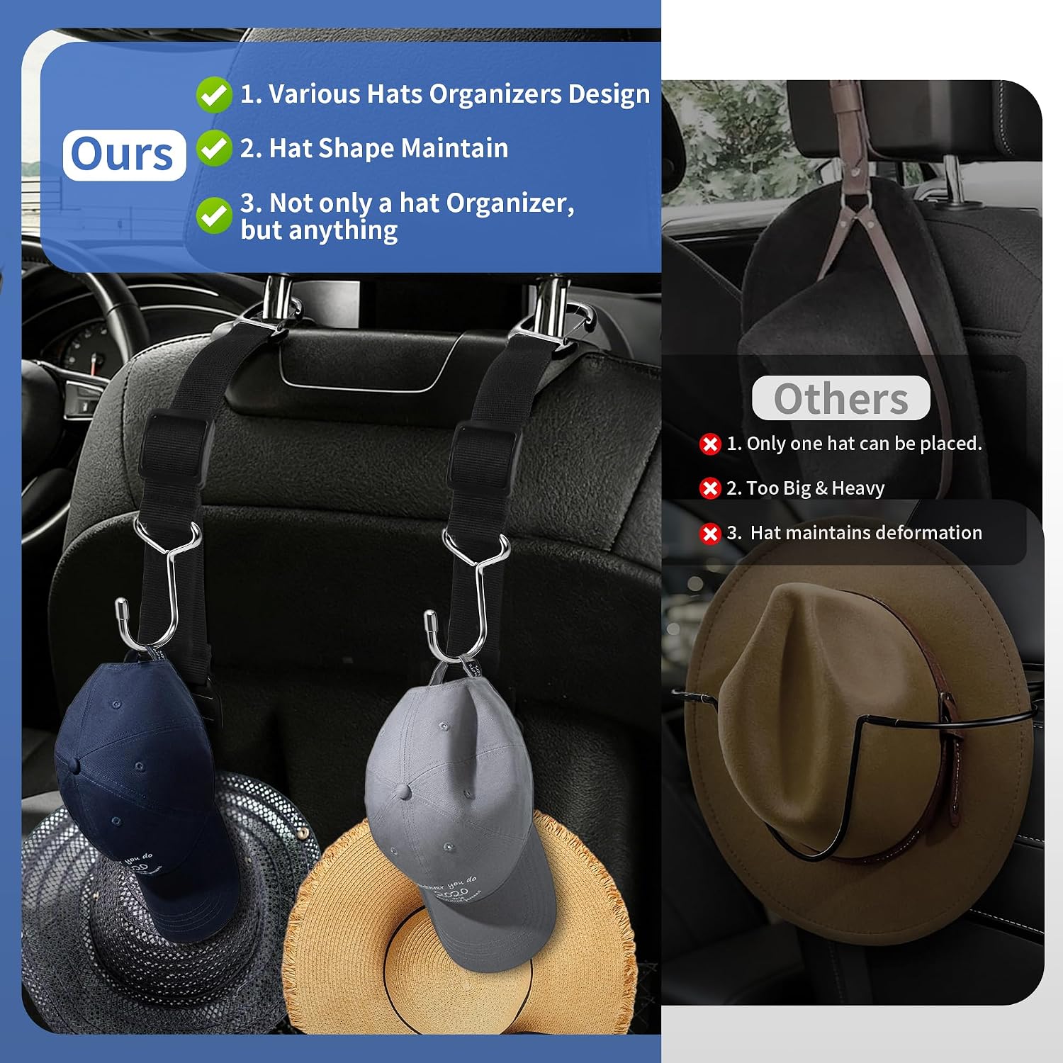 Car Seat Headrest Hooks, Adjustable Purse Hook for Car with Hat Clip, 100 LBS Heavy Duty Metal Headrest Hooks for Car to Hold Bags & Caps, Easy Install Backseat Organizer (4 Pack)