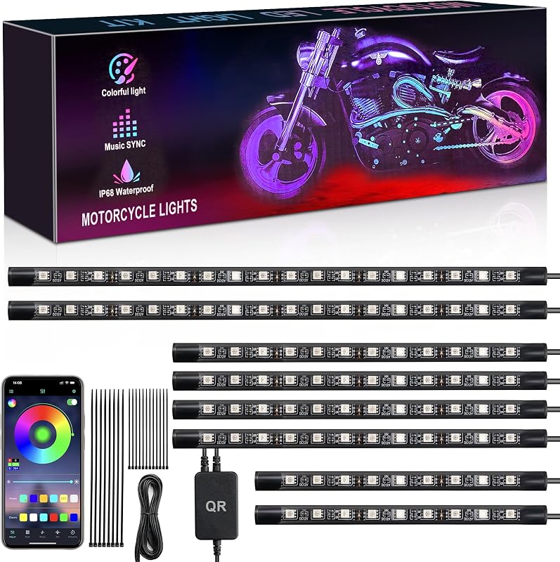 8PCS RGB Motorcycle LED Underglow Lights Kit with App Control Fits Harley Davidson Honda Kawasaki Suzuki