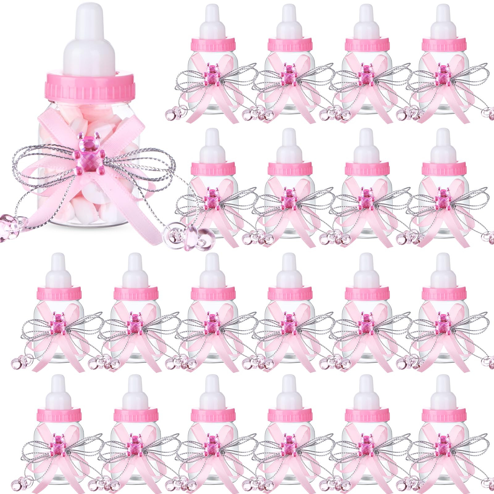 80 Pcs 3.5 Inch Baby Mini Milk Bottle Baby Shower Favor with Small Plastic Bear Candy Bottle with Ribbon for Boy Girl Newborn Baptism Party Decor (