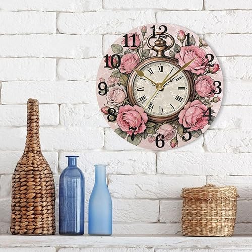 Miniatura 7 de KLL Reloj de bolsillo vintage de Feliz Navidad, rosa rosa, reloj atómico redondo de 10 pulgadas, sin ruido, fácil de leer para hotel, comedor,