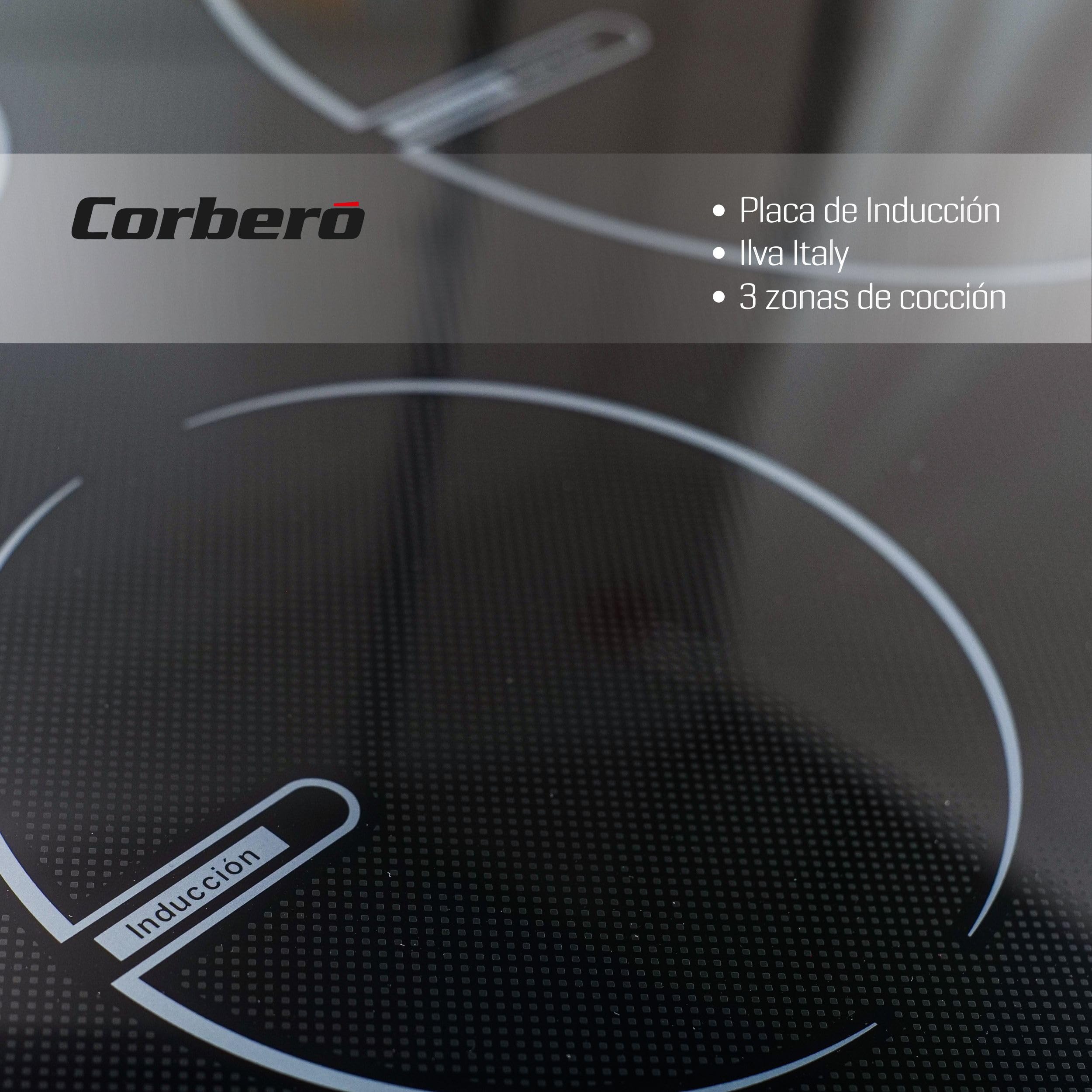 Corberó - Placa de Inducción | CCIG9322 | 3 Zonas | Potencia 6000W | Touch Control | 1 Booster | Zona Grande 30cm | Placa con Temporizador 99 Min | Desconexión y Bloqueo de Seguridad | Negro