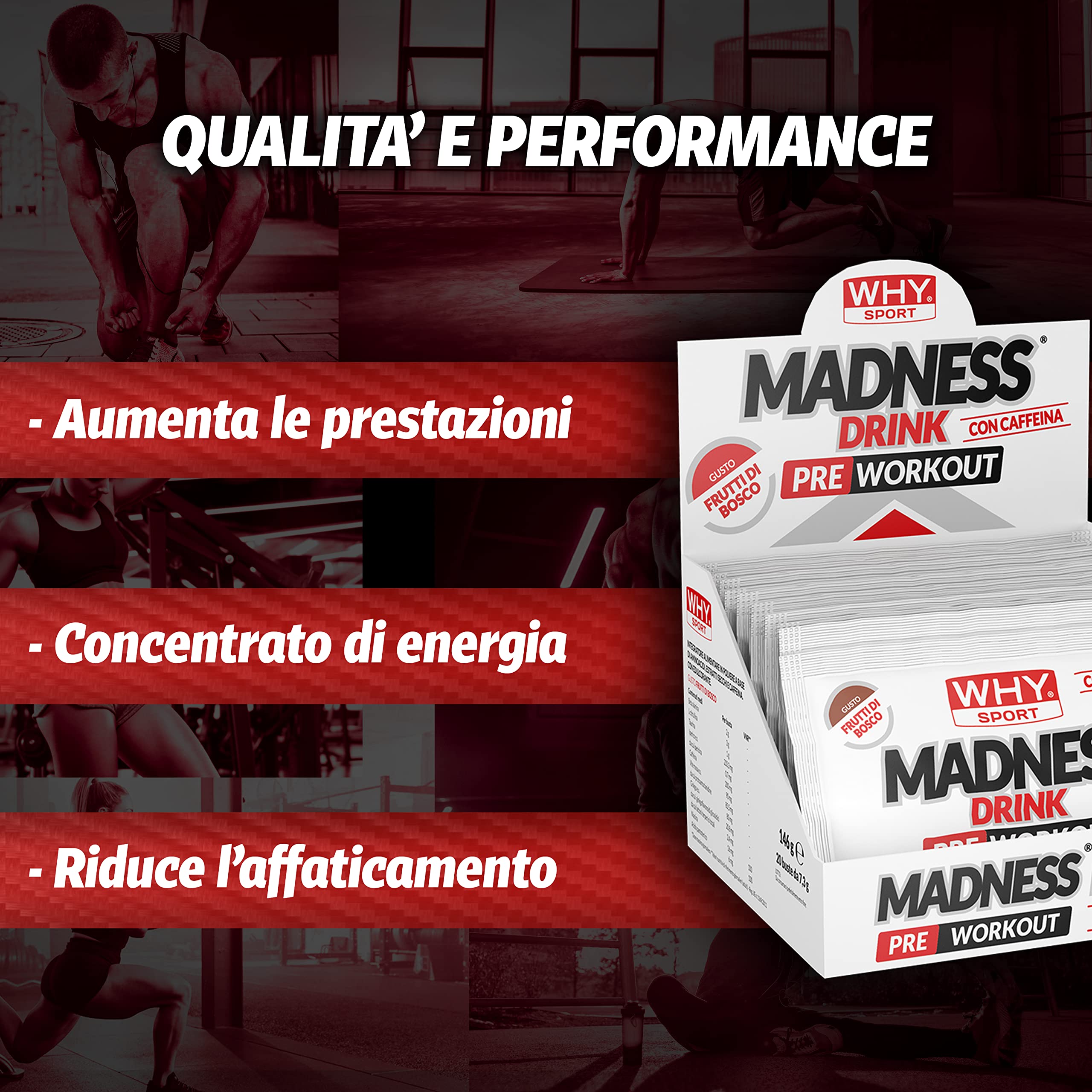WHY SPORT MADNESS DRINK - Pre Workout - Integratore Alimentare a Base di Aminoacidi e Caffeina - 20 Bustine da 7,3 gr