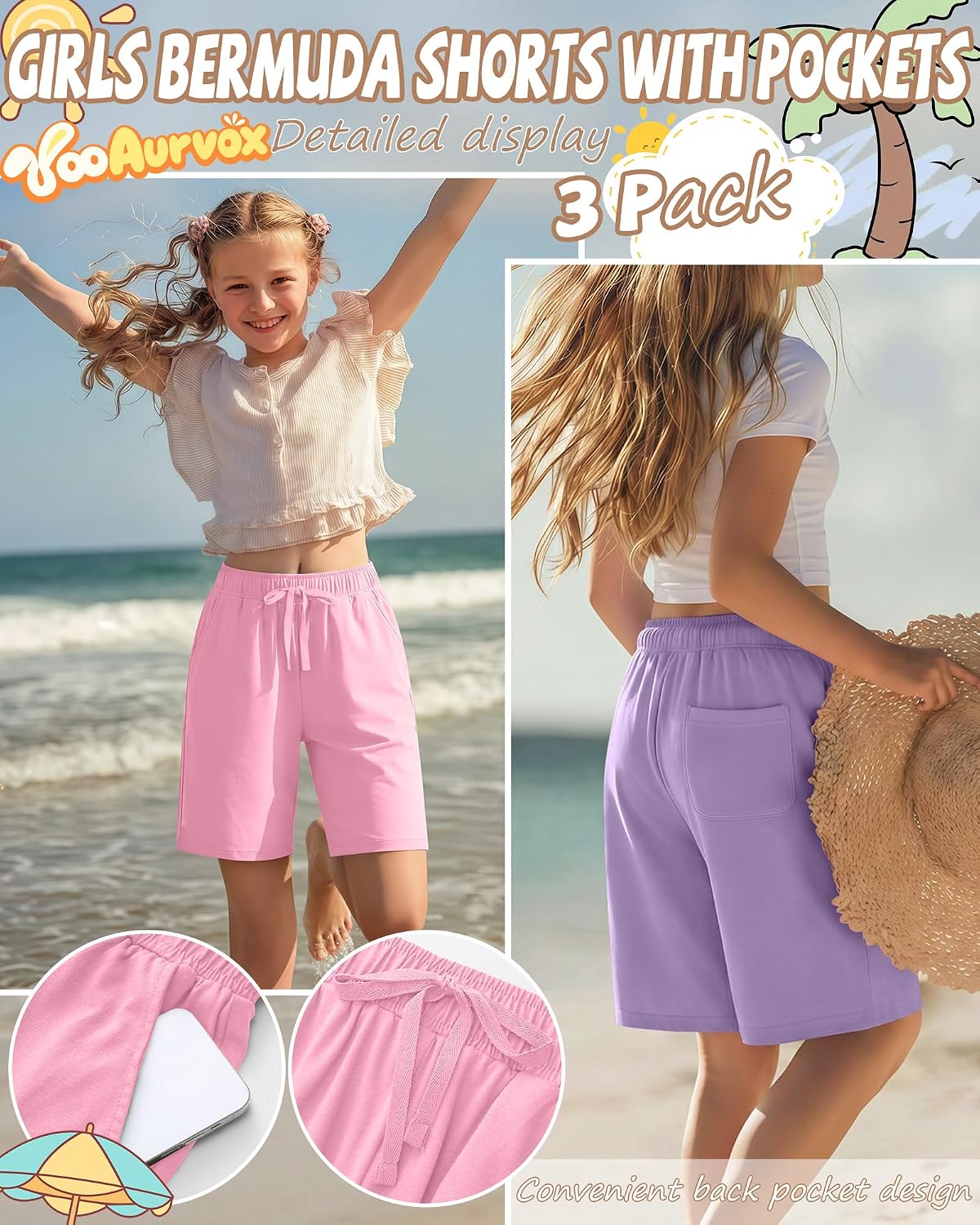3 Pack Girls Bermuda Shorts Knee Length Straight Leg Drawstring Elastic Kids Lightweight Soft Pants with Pockets