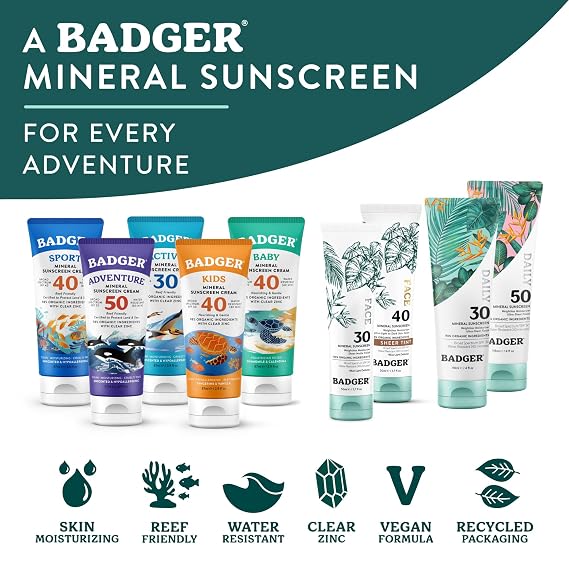 Badger Zinc Oxide Face Sunscreen SPF 30, Lightweight Mineral Sunscreen for Face, Matte Finish, No White Cast, Vegan, Water Resistant, Unscented, Mineral Sunblock Face Lotion, 1.7 fl oz