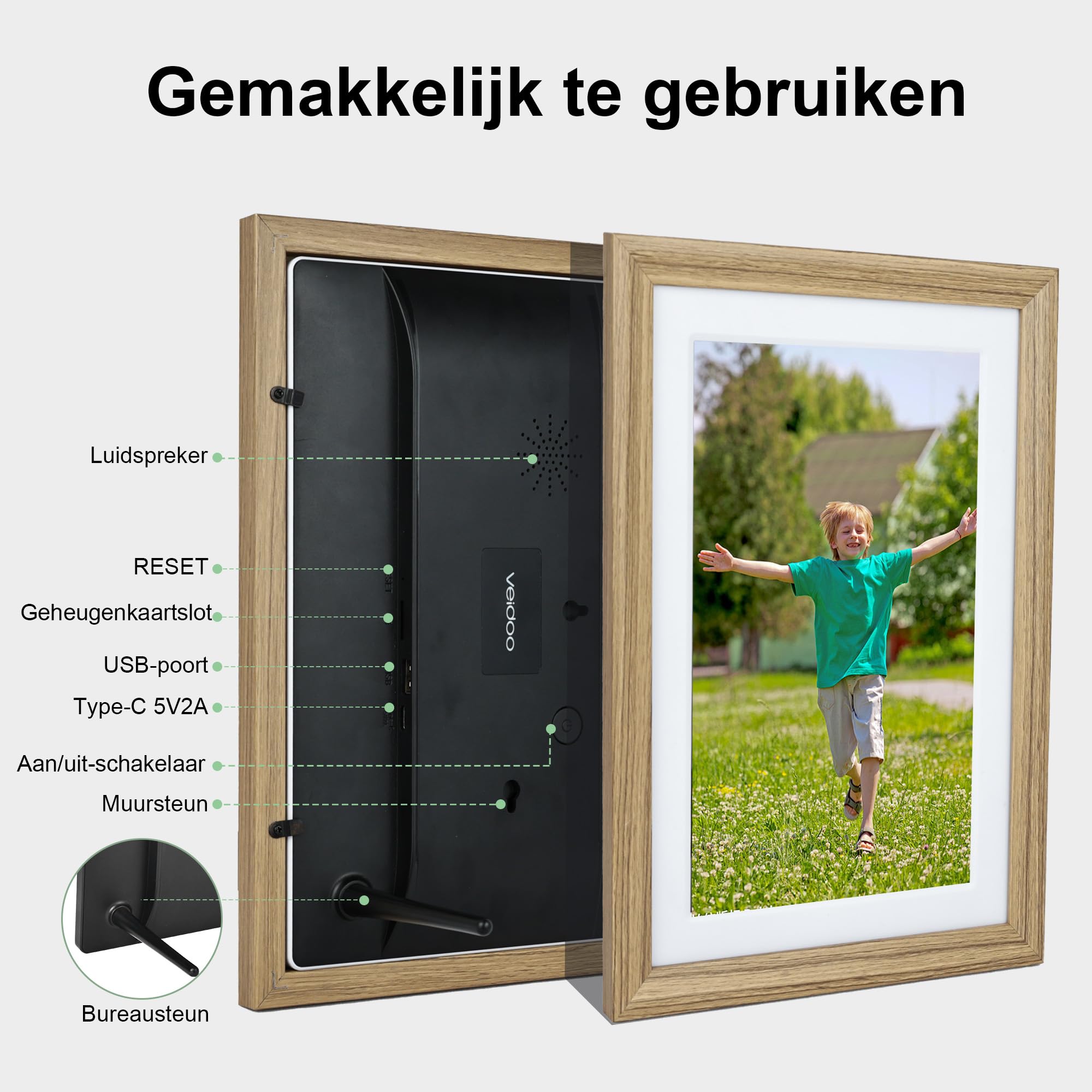 Veidoo Digitale fotolijst, wifi, 10 inch, IPS-touchscreen, 32 GB, type C, automatische rotatie, foto's of video's kunnen via de Frameo-app worden gedeeld, cadeau voor het gezin