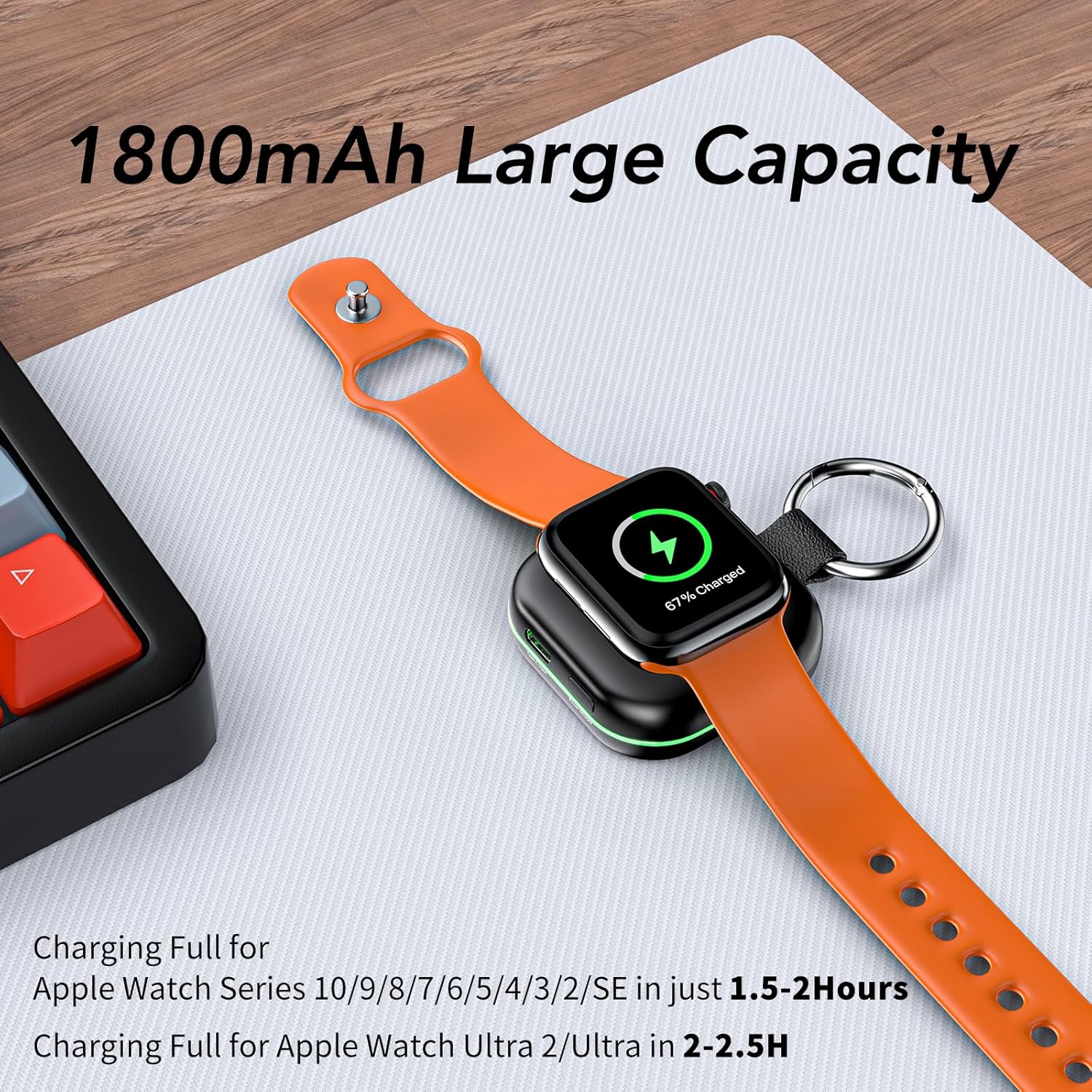 Portable Wireless Travel Charger Compatible for Apple Watch Series 11 10/9/8/UItra/7/6/5/4/3/2/SE/Nike,Compact Magnetic iWatch Fast Charger 1800mAh Power Bank Charging Cable Keychain Accessories Style - Image 3