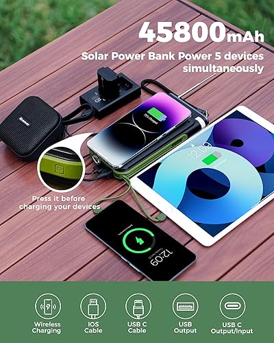Miniatura 2 de GOODaaa Banco de energía solar, cargador portátil inalámbrico de 45800 mAh, cables integrados, cargador solar de carga rápida de 15 W, entrada y