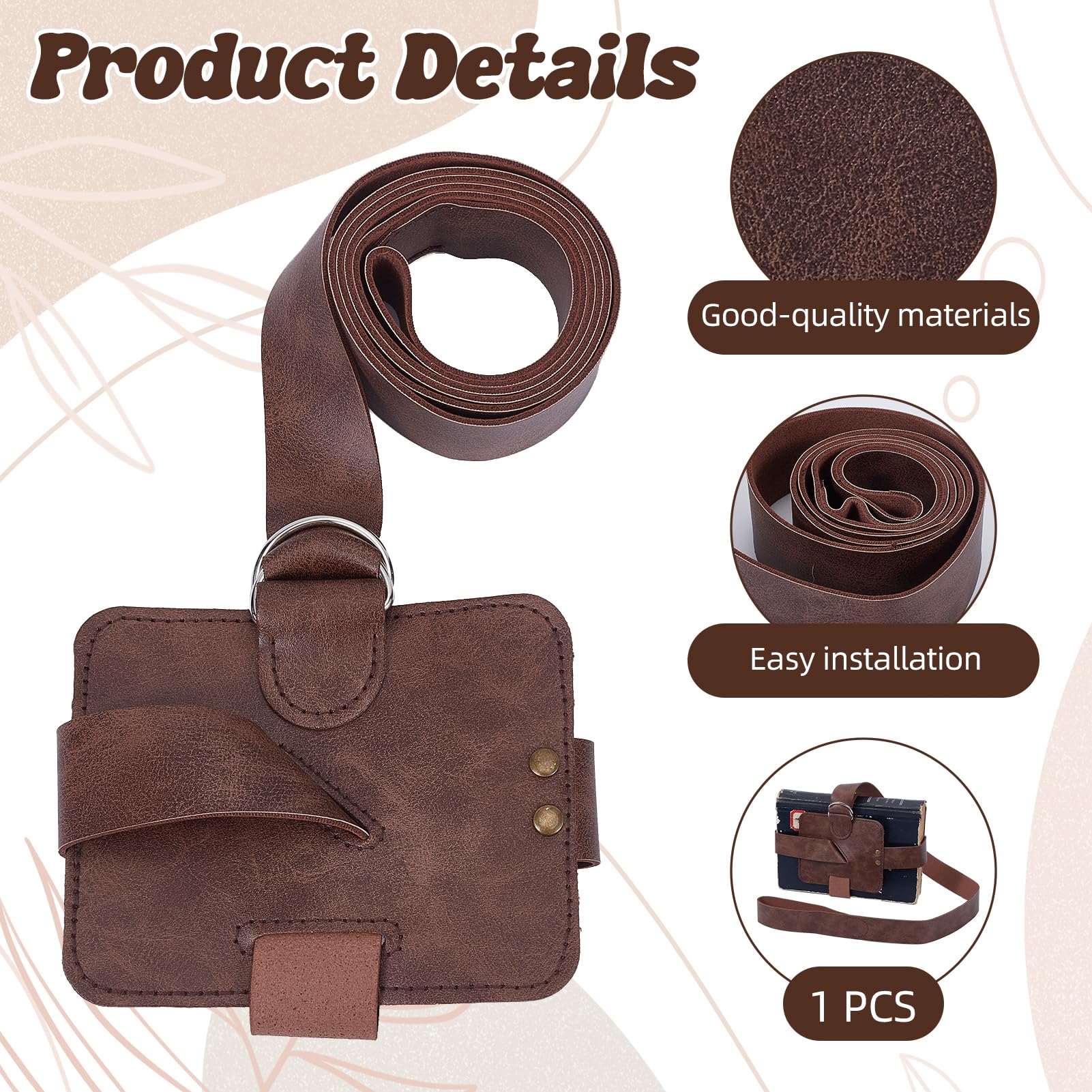 NICENEEDED Adjustable Book Strap Carrier 4" x 5" x 53", Leather Book Holster Belt Holder - Image 3