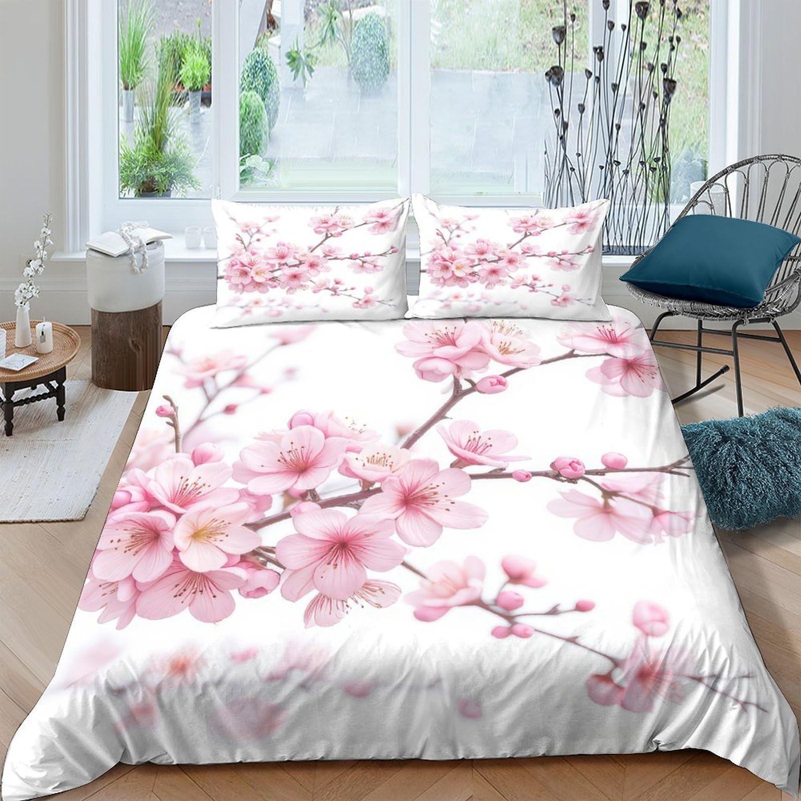 Ctjqhvkz Style-9 3D Printed Pink Cherry Blossom Fitted Sheet Microfiber Soft Breathable Sakura Bed Cover For Bedroom Guest Room Decor Single（135X200cm）