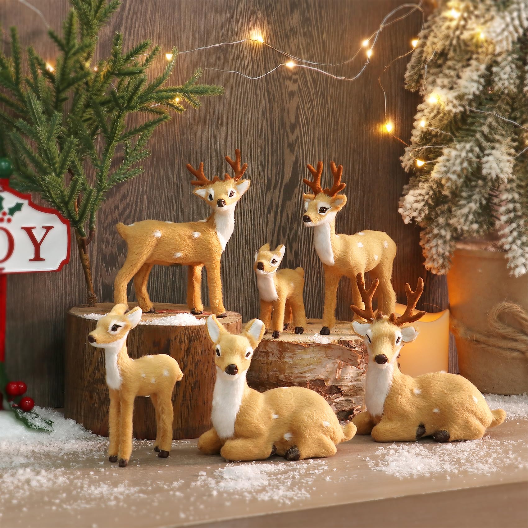 Reindeer Figurines 6 Pack, Festive Holiday Christmas Decorations, Rustic Elk Ornaments, Handcrafted Tabletop Decor for Home, Office, Fireplace, Mantle