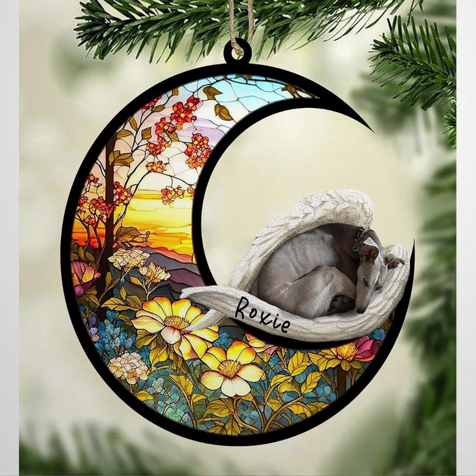 Luckluccy Greyhound Personalized Dog Memorial Suncatcher, Christmas Ornament With Name,Pet Loss Catcher,Gifts For Dog Lovers Loss Of Dog, Sleep On Haven
