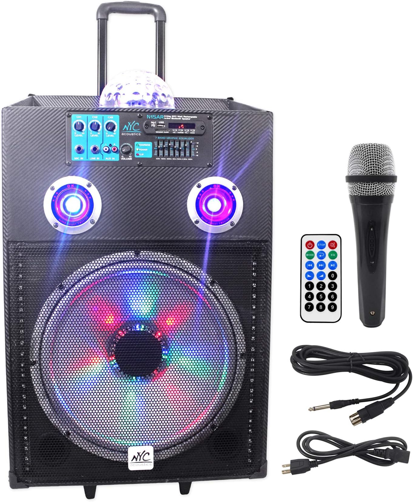 NYC Acoustics N15BR 15" 600w Rechargeable Powered Bluetooth Party Speaker w Mic