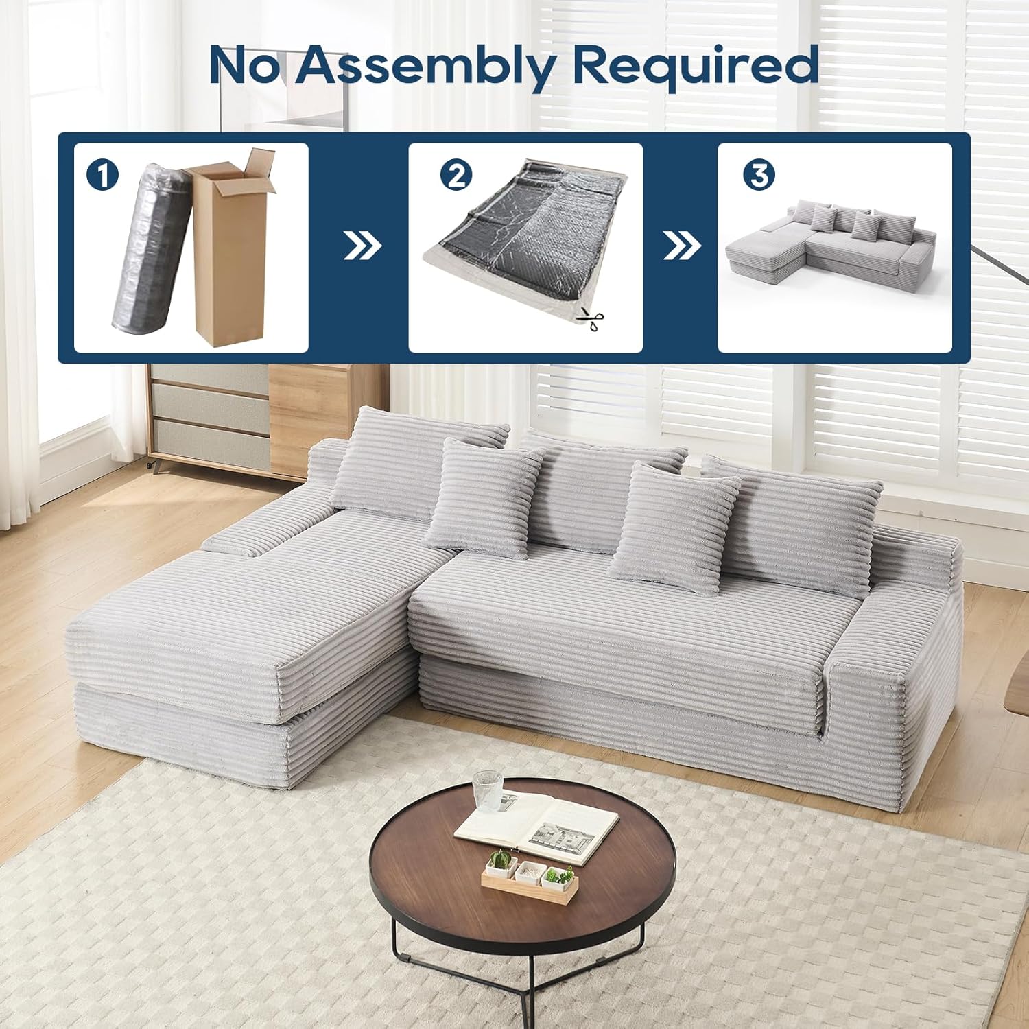 Corduroy Modular Sectional Couch, L Shaped Foldable Sleeper Sofa Bed, Comfy Cloud Floor Sofa Couch with Chaise, Iron Frame, 5 Pillows, Modern Full Size Bed Couches for Living Room, Gray