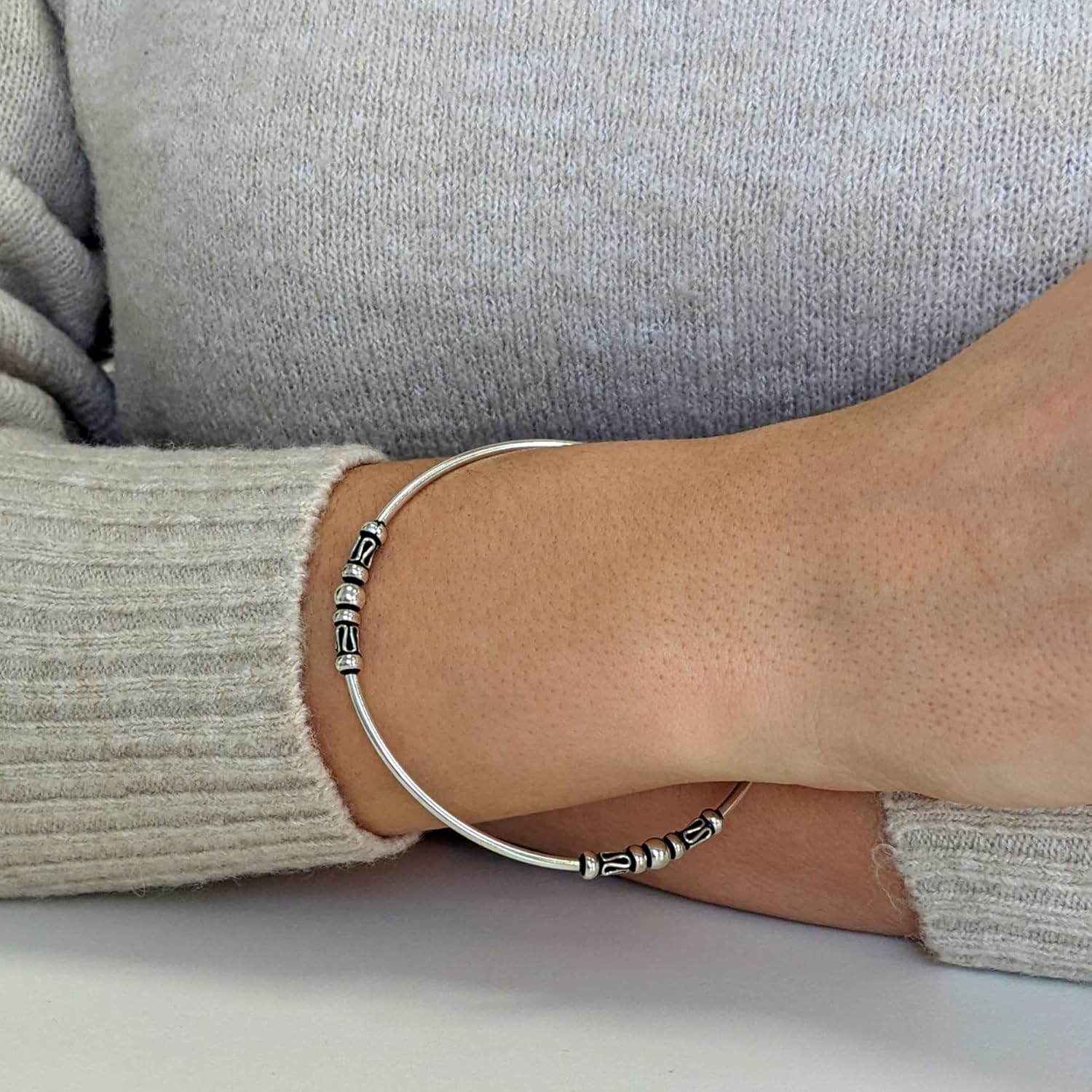 Silverly 925 Sterling Silver Bali-Inspired Beaded Stacking Bangle for Women – Thin Tube Round Bangle Bracelet With Intricate Scrollwork Beads – Unique Balinese-Style Boho Jewelry