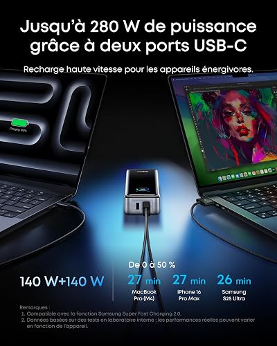Anker Prime Batterie Externe 26250 mAh, Chargeur Portable 3 Ports, Sortie Max 300 W, Charge Bilatérale, Autorisée en Avion, Application, pour MacBook, iPhone séries 17 16 et Plus (Base Non Incluse) - 3