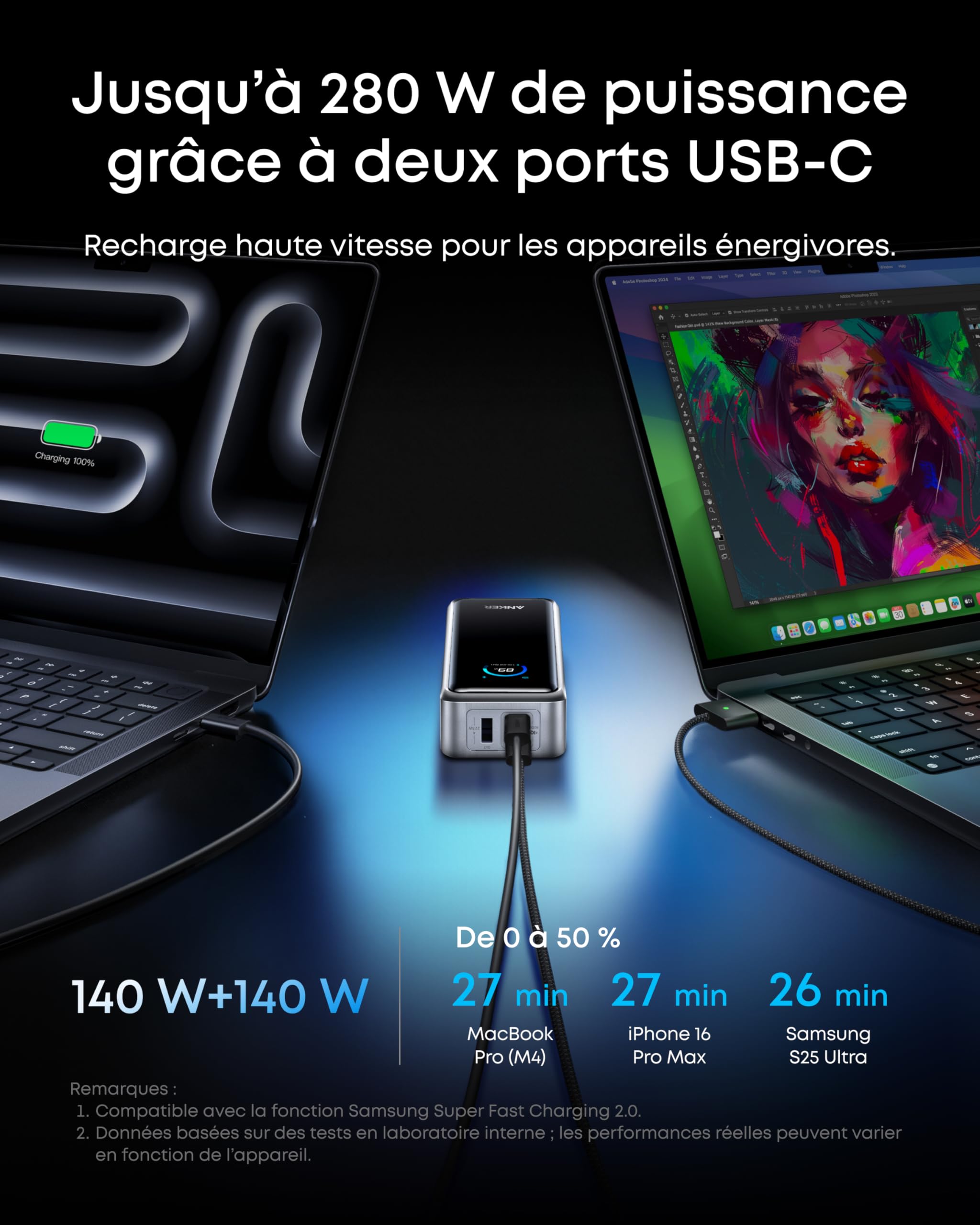Anker Prime Batterie Externe 26250 mAh, Sortie Max 300W, 3 Ports