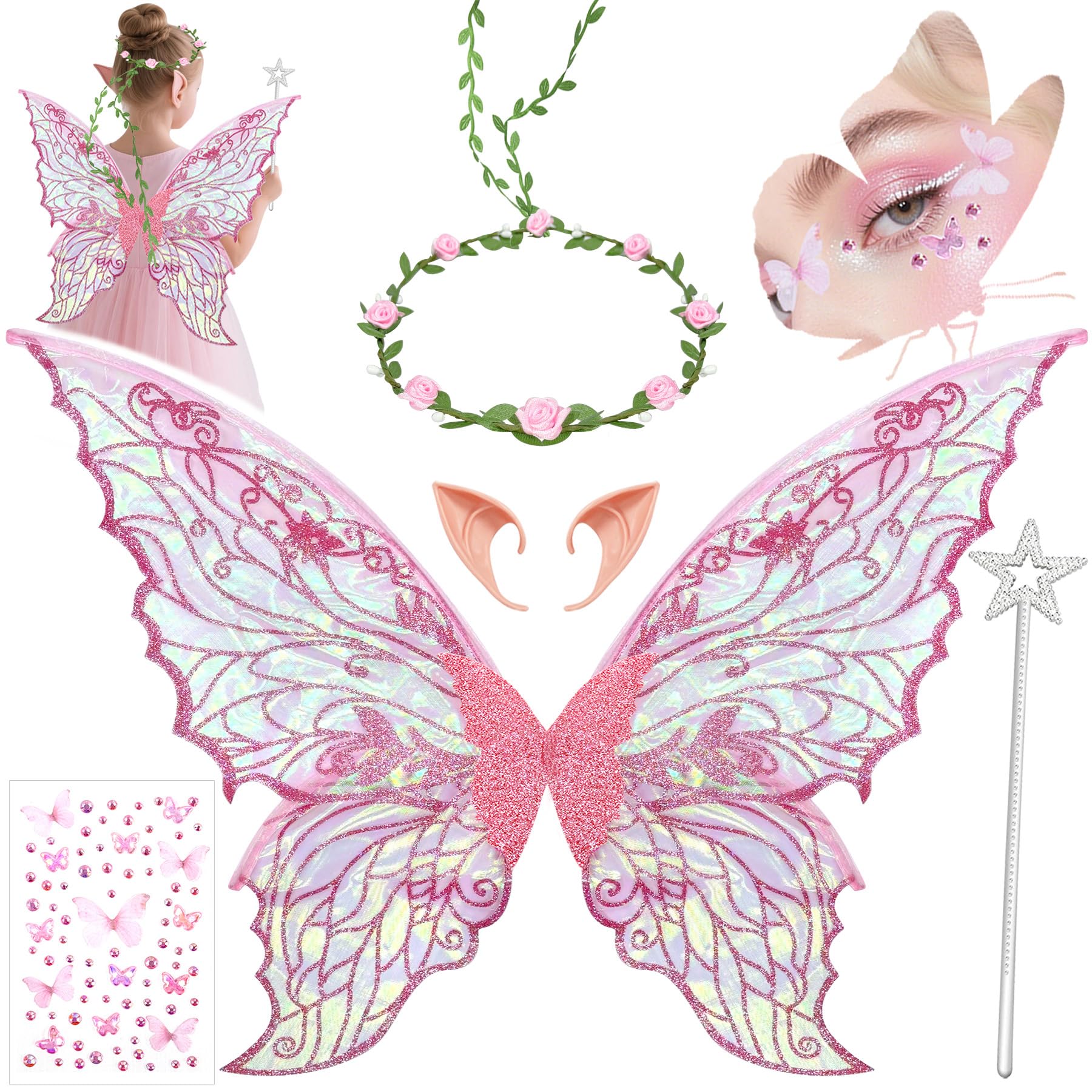 YeahBoom Children's fairy wings, butterfly wings with elf ears, fairy headband and star fairy wands, butterfly wings