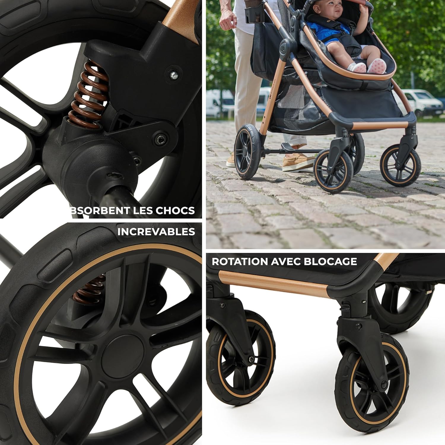 Four-panel image showing details of the ESME stroller wheels: shock absorbers, puncture-proof TPE rubber, and the swivel lock mechanism.