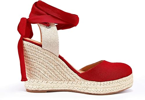 Miniatura 4 de Ermonn - Alpargatas con tacón de cuña de plataforma para mujer, zapatos de verano de punta cerrada, con correa en el tobillo y con cordones