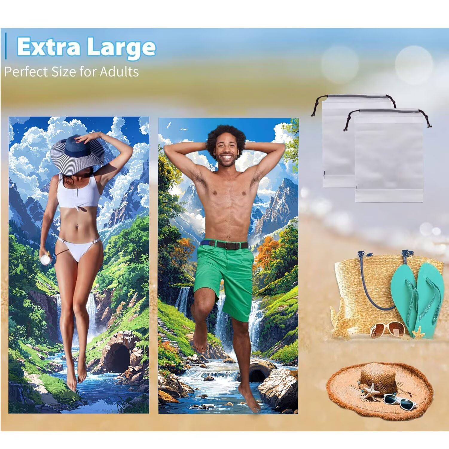 Toalla Playa 90 x 180 cm, Juego de 2 Toallas Microfibra Grande de Secado Rápido, Absorbente, Compacto, Toalla de BañO Sin Arena Verano Manta de Playa Mujer para Baño Regalo (Cascada paisaje) H-806