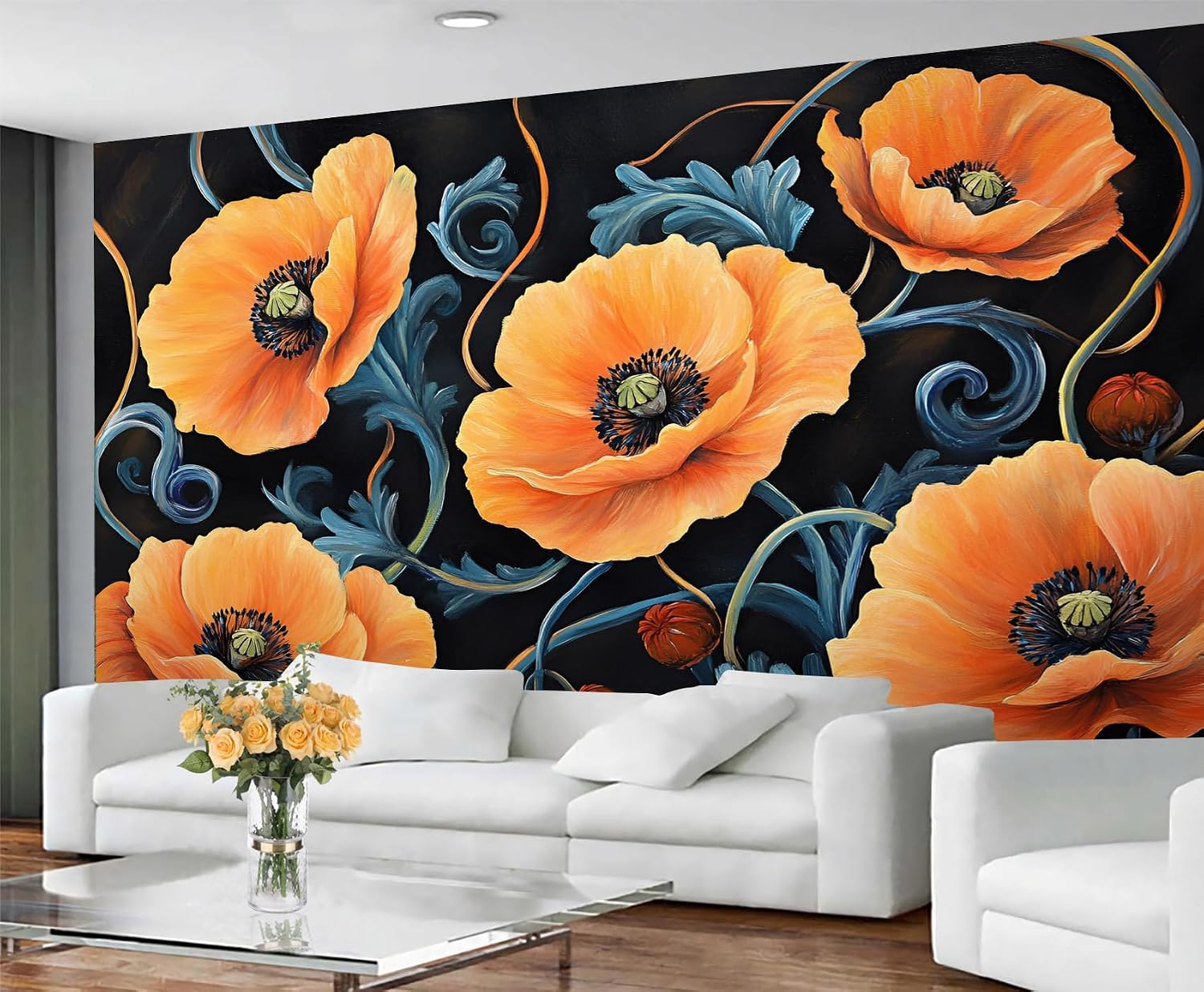 Floral Wallpaper, Rustic Flower Mural & Home Decor, Boho Floral Wallpaper for Living Room Bedroom, 3D Pattern Printed Murals (Not Peel and Stick)