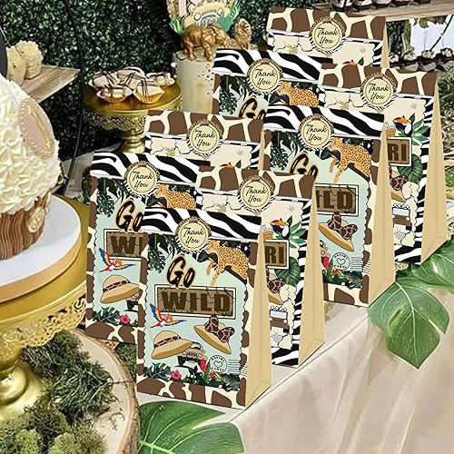 Miniatura 5 de 24 bolsas de recuerdo de fiesta de safari de ratón, estampado de animales tropicales de selva salvaje, cajas de regalo para dos salvajes, 1, 2, 3,