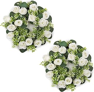 NUPTIO Flower Candle Rings for Centerpieces: 13.4 Inch Artificial Rose Wreath for Wedding Party Christmas Decorations - White Wreaths for Spring Summer Front Door Porch Table Decor 2 Pcs