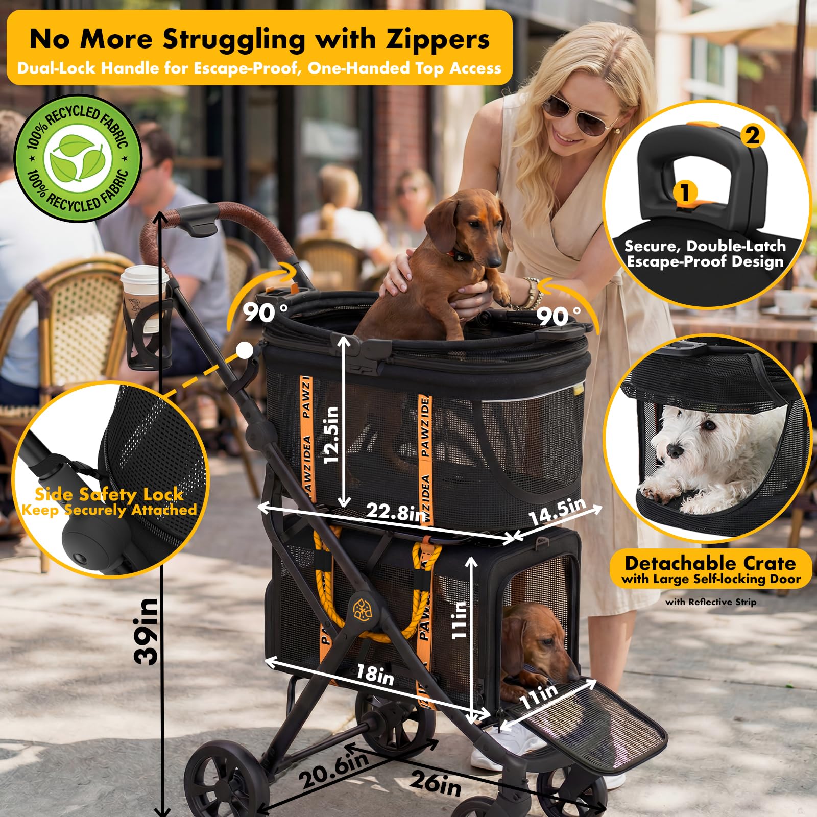 PAWZIDEA Double Pet Stroller with 2 Detachable Carrier, Lightweight Portable Travel Crate & Car Seat Combo & TSA-Approved Expandable Carrier, Foldable Jogger Stroller for 2–4 Cats or Small/Medium Dogs - image 3