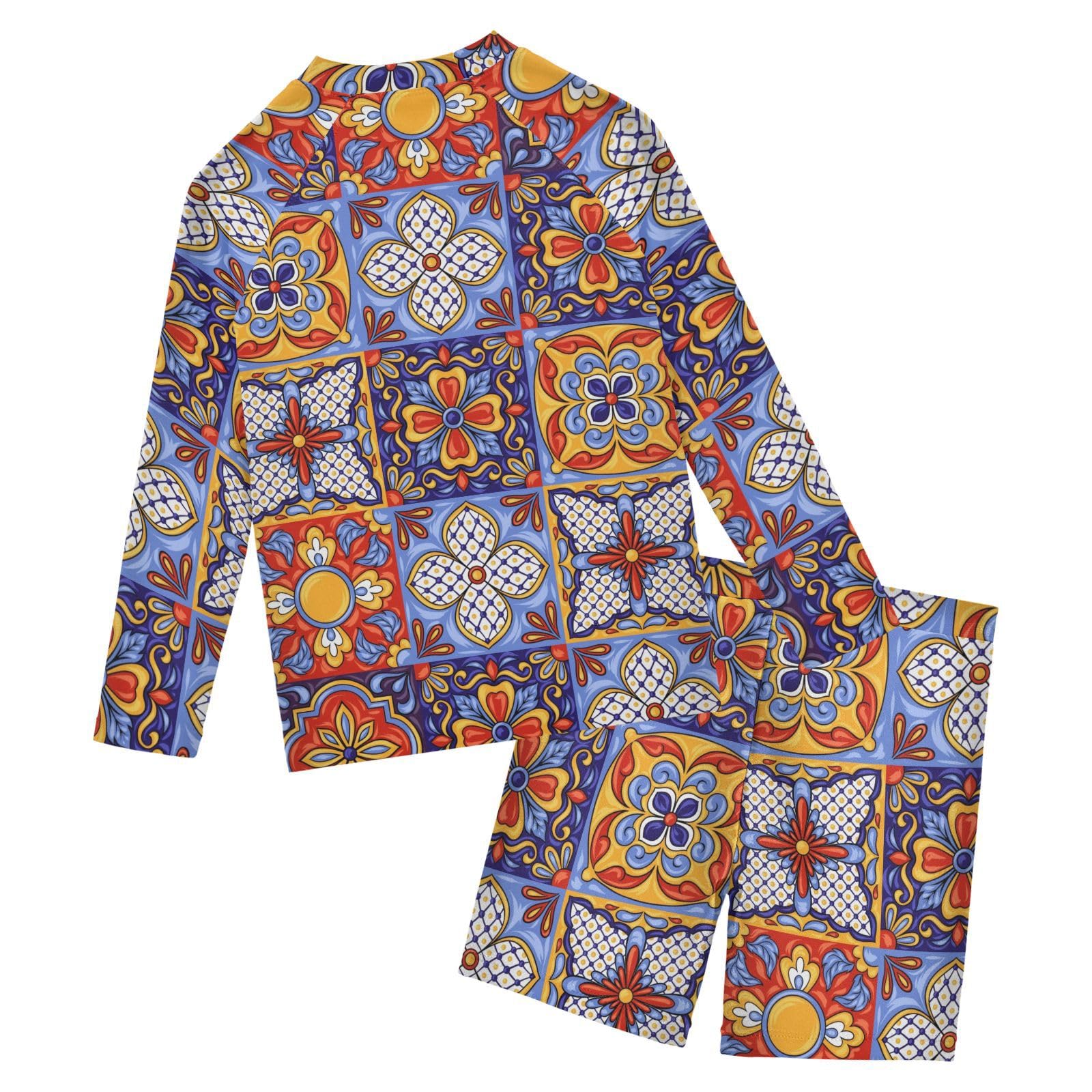 Aflyko Kids' Bathing Suit Set Mexican Flower Boho Long Sleeve Swim Tops with Shorts Summer Vacation Pool Party Rashguard Fun Cute Infant Beachwear, 4T