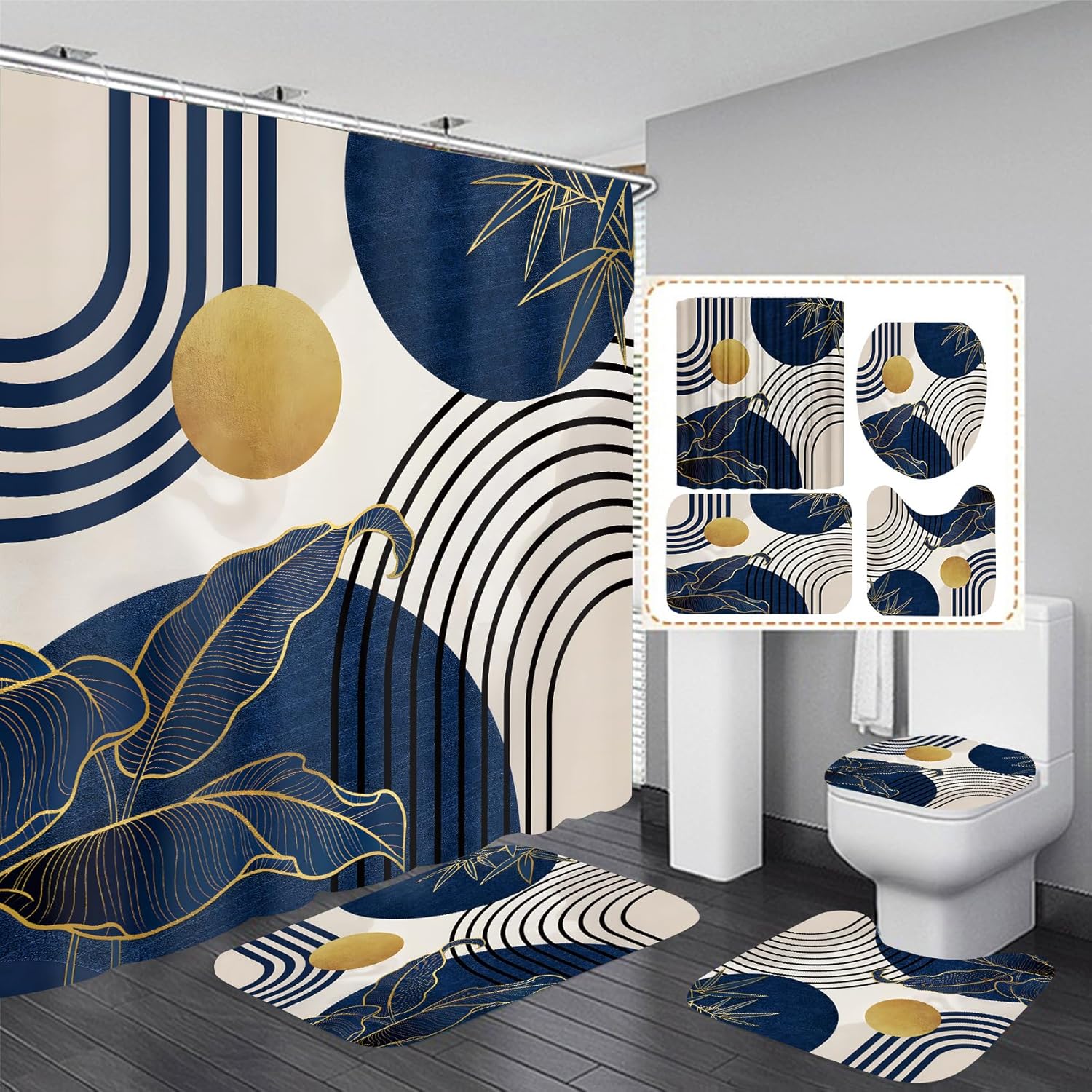 FZDHHY 4Pcs Blue Shower Curtain Set, Boho Bathroom Sets, Bamboo Leaf Bathroom Shower Bathroom Sets with Shower Curtain and Rugs, Shower Curtain with 12 Hooks