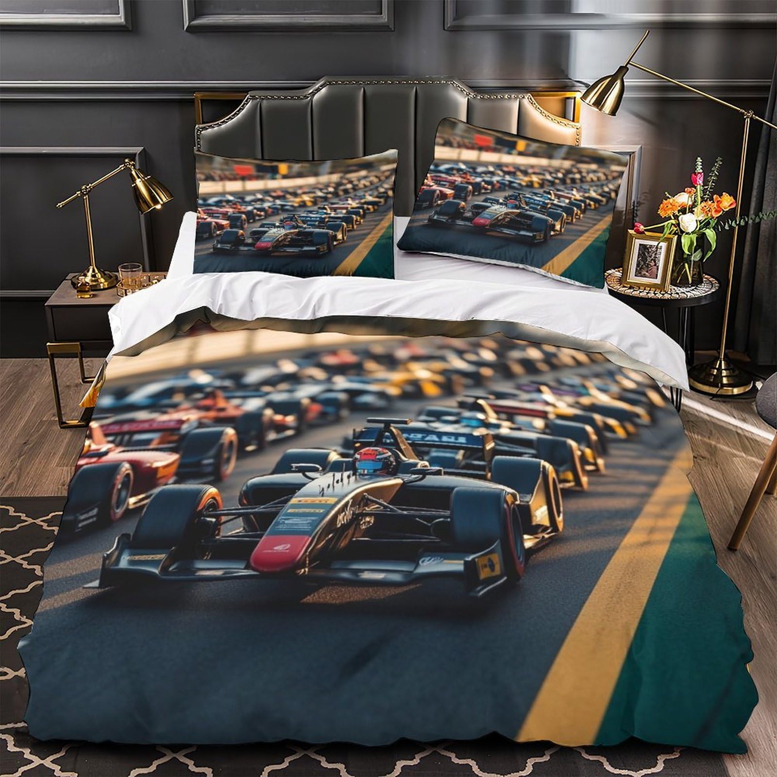 DAFUfbw Formulaa Racing Quilt Cover Single（135x200cm） With Hidden Zipper, Racing Car Duvet Cover with Pillowcases, Soft Light Microfiber Comforter Cover