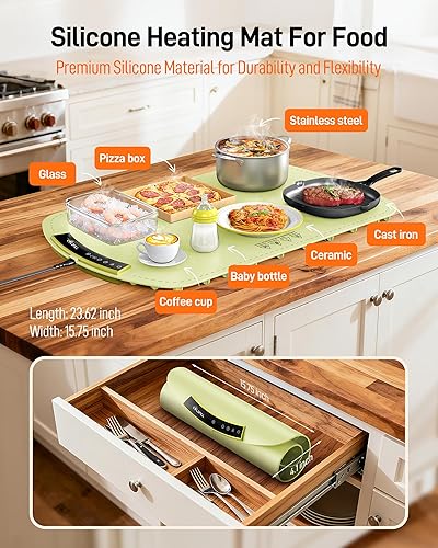 Miniatura 3 de Tapete de calentamiento para alimentos, calentador eléctrico de alimentos con 8 niveles de temperatura y temporizador de 4 horas, alfombrilla de