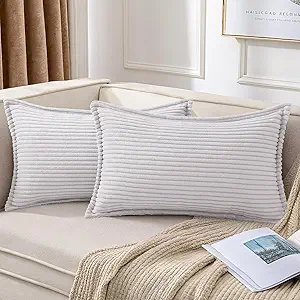 Mecatny Corduroy Throw Pillow Covers 12x20 Set of 2, Neutral Decorative Soft Boho Lumbar Couch Pillow Covers with Broadside for Sofa Living Room, Grey