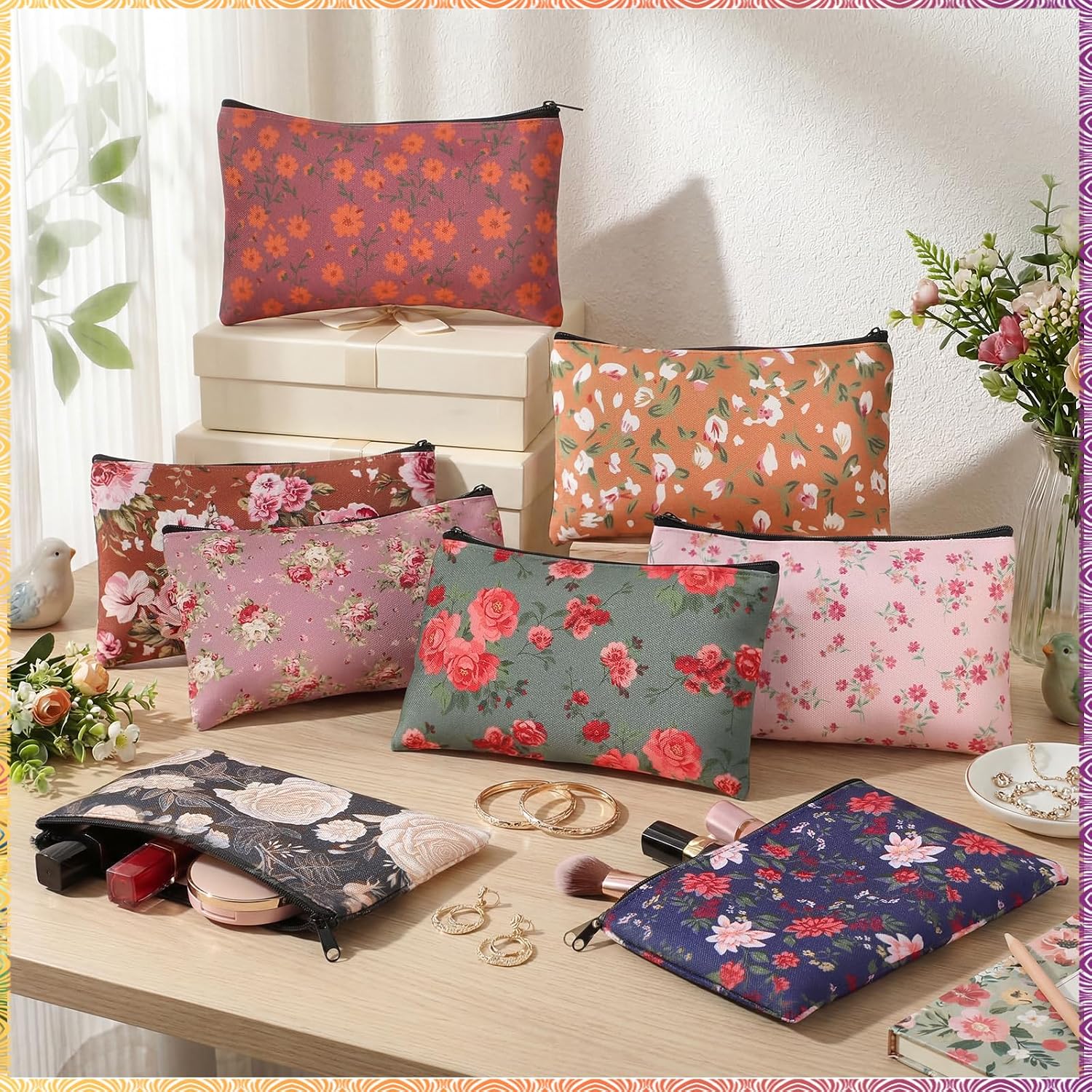 Tallew 24 Pcs Floral Makeup Bags Gift Bulk for Women Vintage Flower Cosmetic Bags 7 x 4.3 Inches Flower Canvas Pouch Purse Zipper Travel Organizer for Party Favors, Bridesmaid, Christmas
