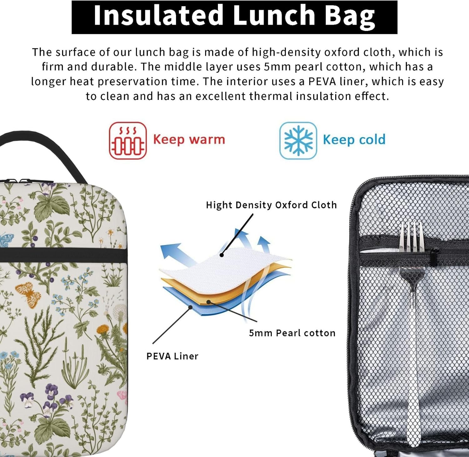 Pretty Wild Floral Herb Flower Insulated Lunch Bag Reusable Cooler Lunch Box Portable Leakproof Thermal Container Tote Bags for Girls Boys School Travel - Image 5