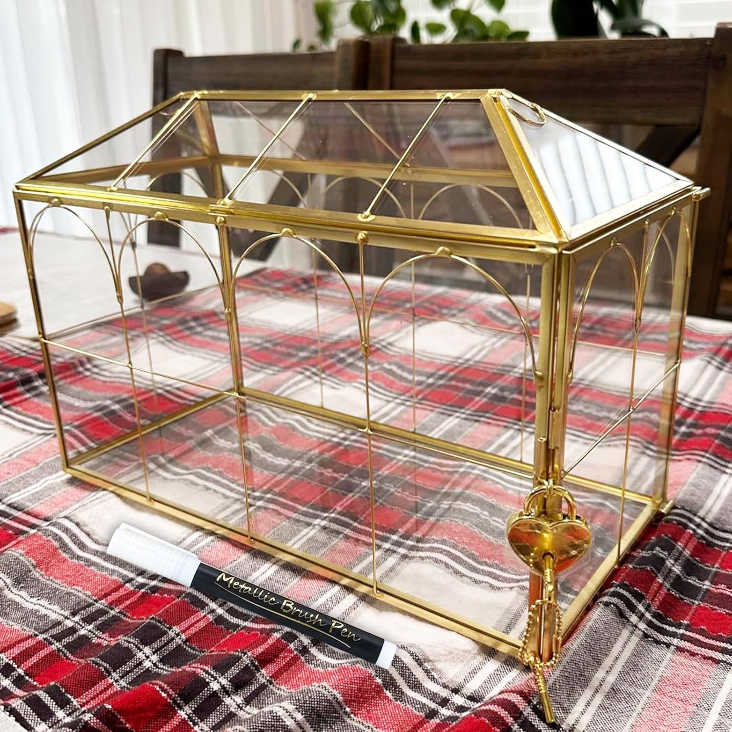 12.6" Glass Wedding Card Box with Lock, Large Gold Metal Card Box for Party Reception HoneyMoon Fund Box, Wedding, Baby Showers, Birthdays, Bridal or Graduation Party Box