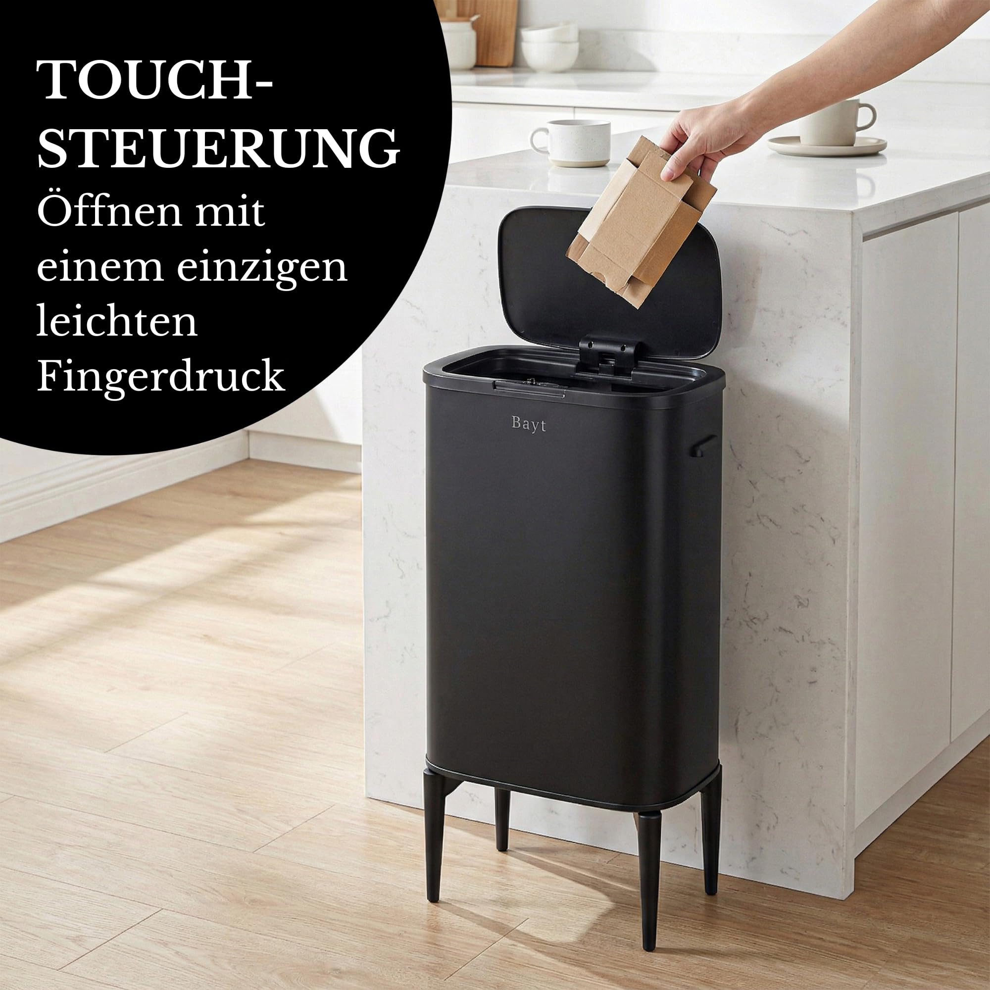 Bayt Abfalleimer mit stabilen Füßen - passend für 60L Müllbeutel - Automatischer Sensor-Mülleimer - Küchenmülleimer - Edelstahl - Schwarz