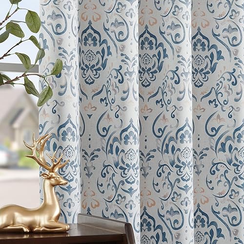Lazzzy Cortinas opacas de damasco floral azul de 84 pulgadas de largo para sala de estar, medallón floral vintage con acuarela, tratamientos de