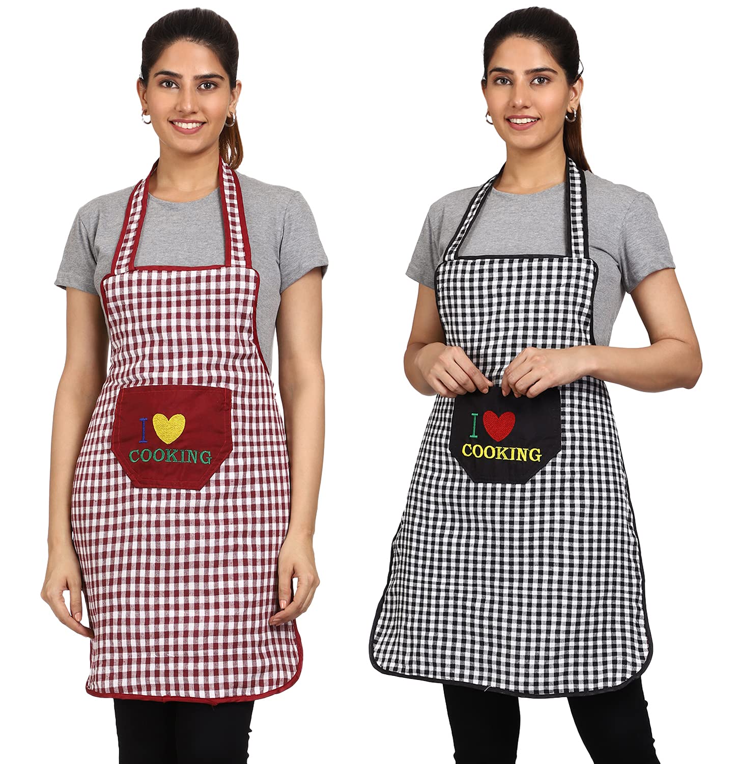 JMi Cotton Checkered Design Waterproof Apron with Multipurpose Front Large Embroidered Pocket Pack of 2 (BLACK MAROON) (B09762D26X) Amazon Price History, Amazon Price Tracker