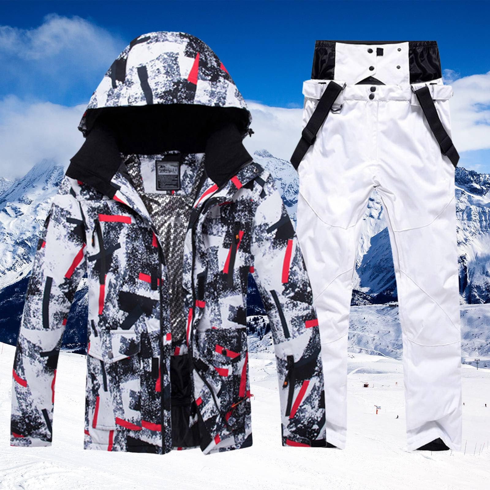 Generisch Skijacken Hosen Set Winddicht Schneeanzug Männer 2-Teilig Winter Komfort Bunt Bedruck (White, L)