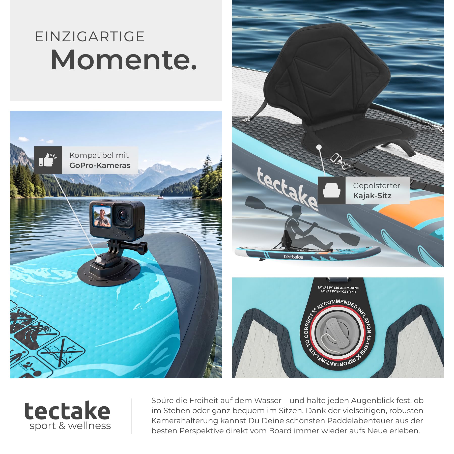 tectake® Stand Up Paddle Board, aufblasbar, Kajaksitz, mit Kamerahalterung