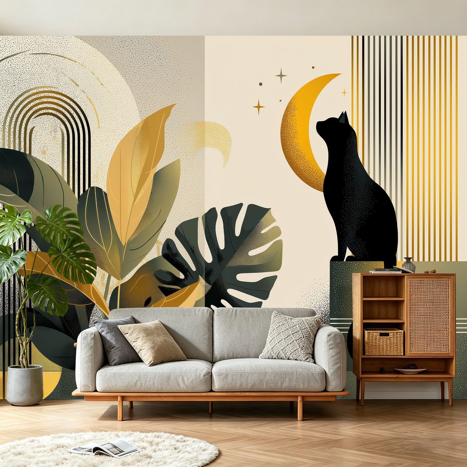 Panoramiczna tapeta z włókniny w połowie wieku, tropikalna, 350 x 256 cm, tapeta z włókniny, do salonu i sypialni, chłopca Mädchen Nursery, Monstera, Gwiazdy