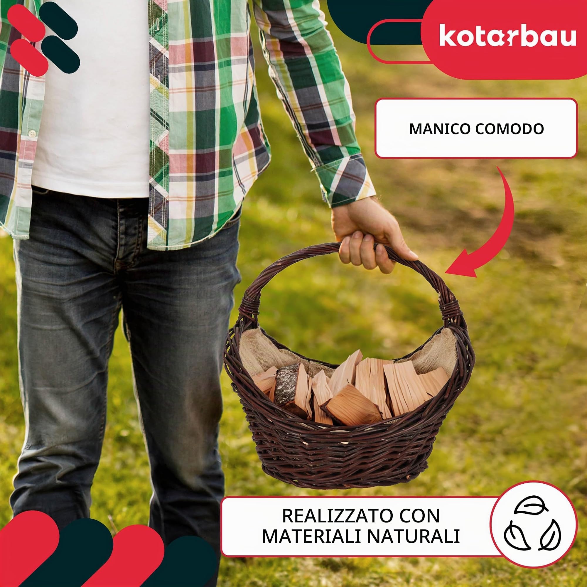 KOTARBAU® Cesto Vimini - Cesta Porta Legna Camino - 64 x 40 x 39 cm - Marrone Scuro - Cestino in Vimini con Manico - Cesta Legna - Rustico - Robusto - per Interni