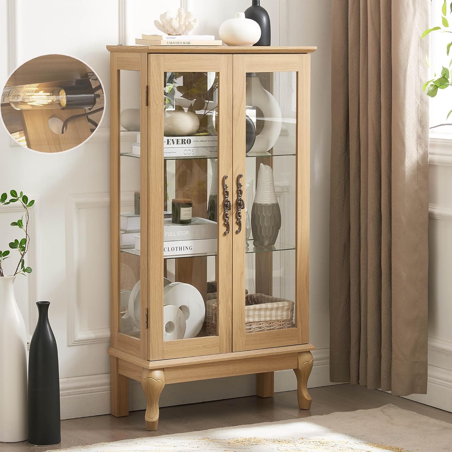 Glass Display Cabinet with LED Light, 43.8H x 26W x 11.8D inches, 3 Shelves, Vintage Metal Handles, Natural Oak
