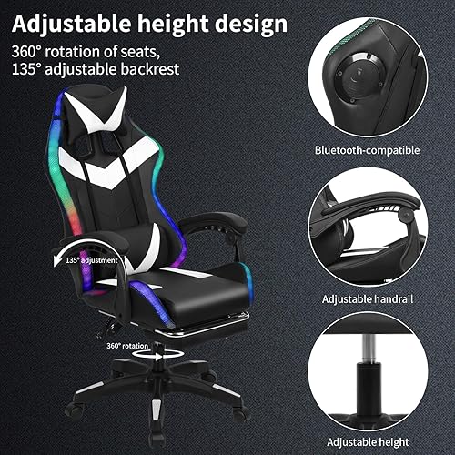 Miniatura 6 de Silla de juegos con altavoces Bluetooth y luces LED, silla ergonómica de masaje para computadora, altura ajustable, silla de videojuegos con asiento