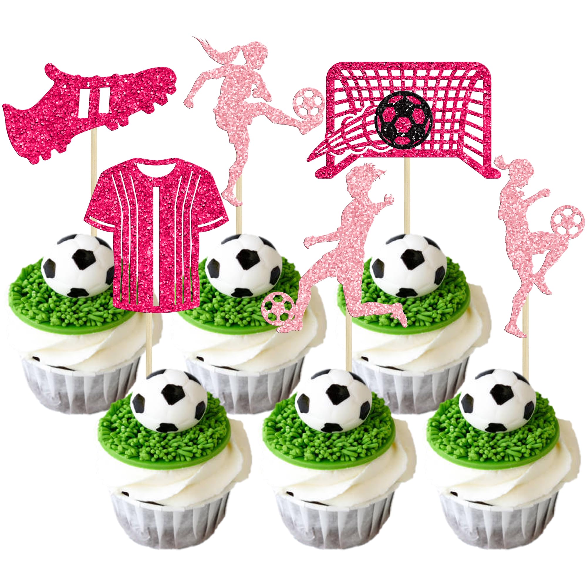 Gyufise 24Pcs Soccer Cupcake Toppers Glitter Soccer Ball Cupcake Picks Sport Cake Decorations Football Theme Birthday Party Baby Shower Kids Boys Men Birthday Party Favors Supplies Pink