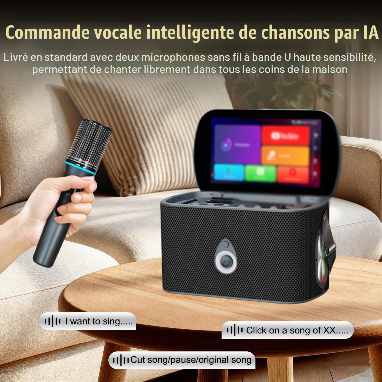 Système Karaoké Karaoké Portable Rechargeable avec écran Et Paroles, Microphones sans Fil, DSP Karaoké, Enceinte Trois Voies, Fête Anniversaire
