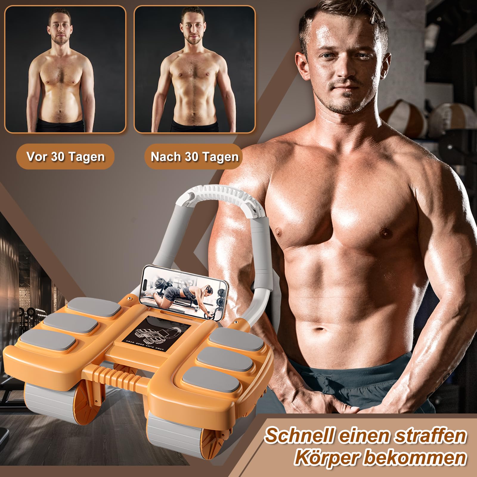 Ruota per addominali,ruota per allenamento addominali,con 6 Supporto per Gomito & Ginocchiere, Doppie Ruote a Rulli per Core Trainer,Kit per allenamento addominale per uomini e donne,Arancione