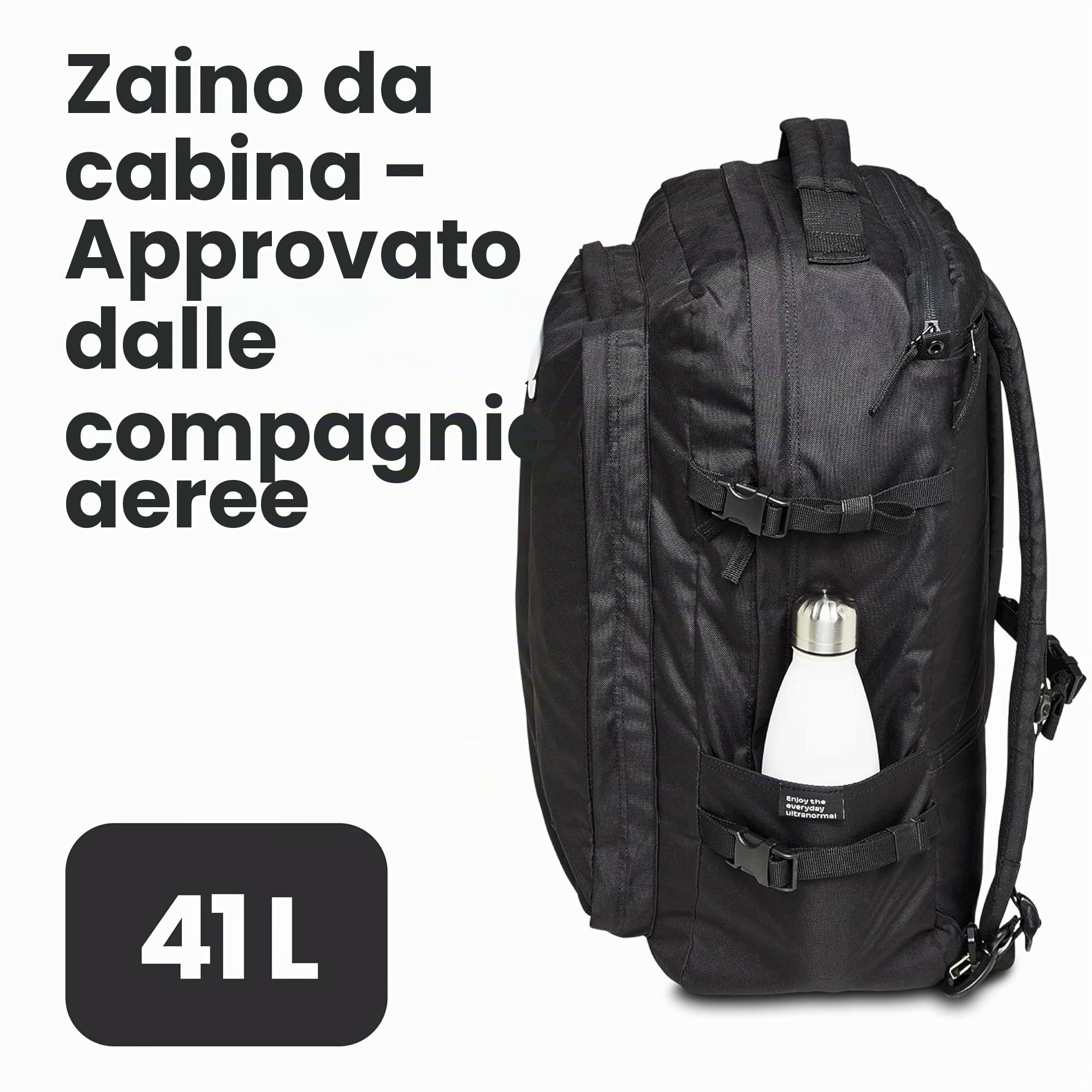 Invicta Zaino Viaggio FREEWAY, Zaino Aereo, Valigia, Bagaglio da Cappelliera 35 x 50 x 20 cm, Tasca Porta PC, Tasca Porta Borraccia, Cinghie Regolabili, Cinghe Interne Fermabiti, Nero